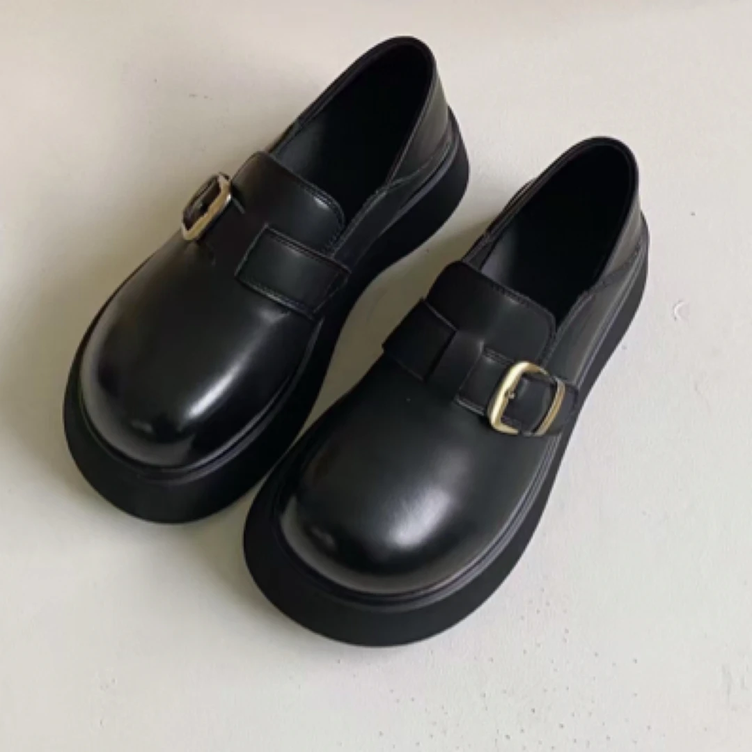 复古皮面厚底勃肯鞋女2025春季新款一脚蹬英伦风小皮鞋皮扣乐福鞋