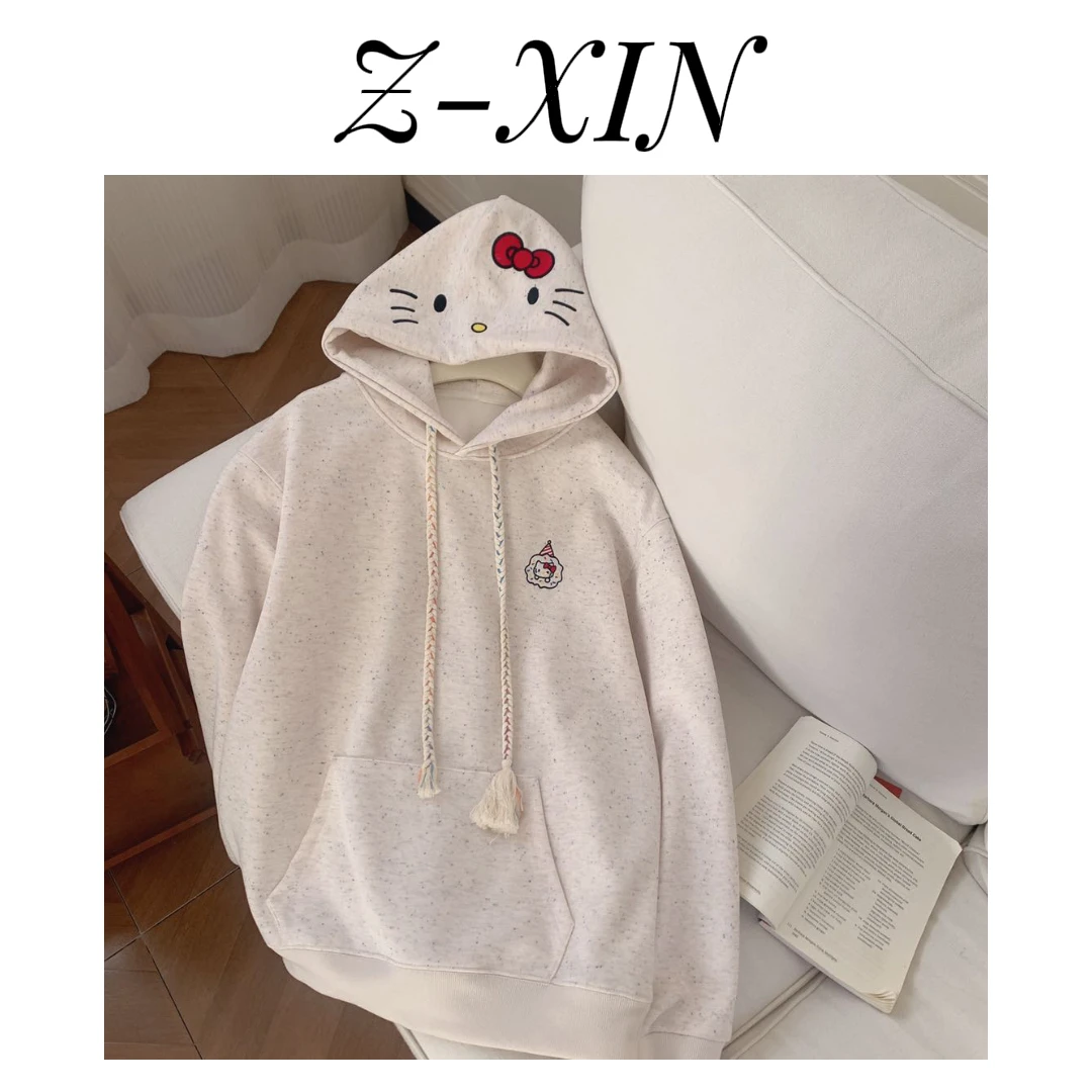 Z-XIN韩版春款宽松休闲百搭连帽卡通kt新款印花刺绣卫衣
