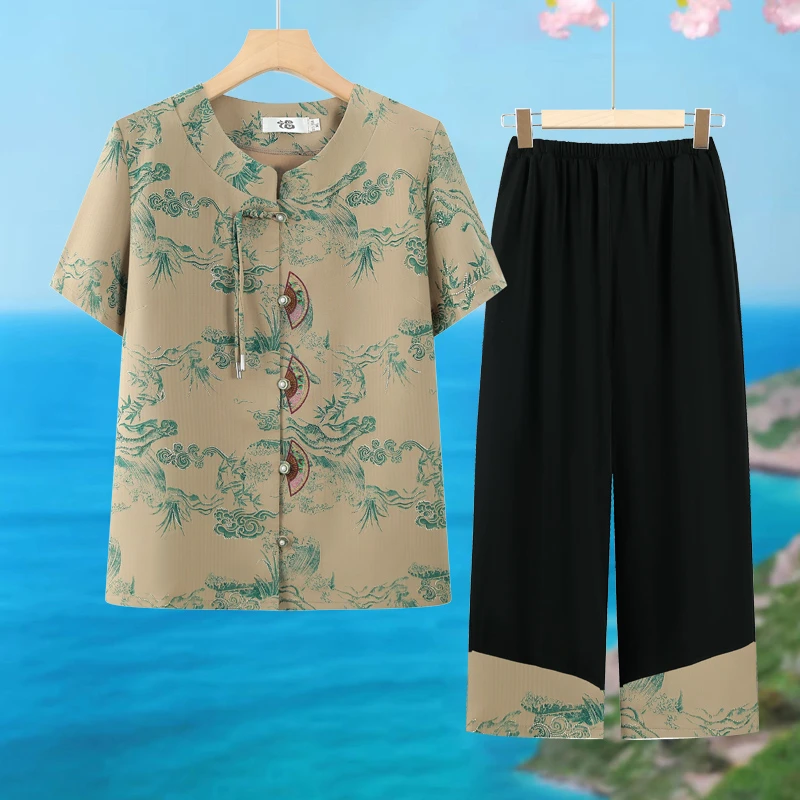中老年人夏装短袖套装妈妈清凉舒适衬衫两件套奶奶装太太老太衣服