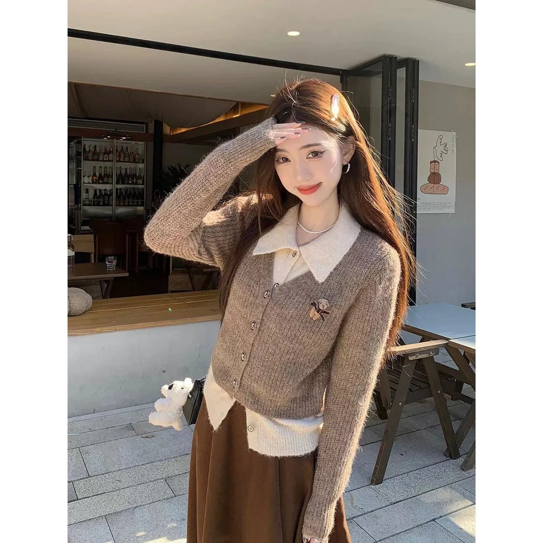 假两件翻领女2025秋冬立体小熊显瘦气质毛衣外套82044#0.12