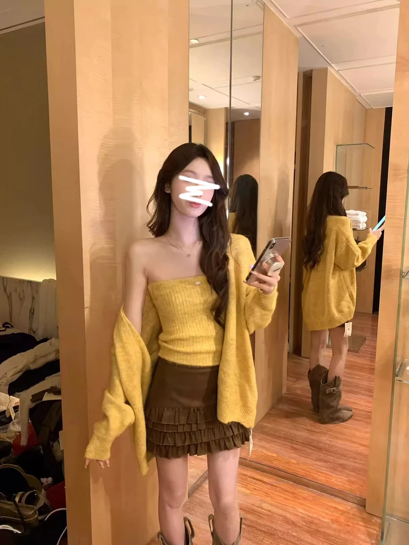 辣妹纯欲风套装长袖针织开衫毛衣抹胸上衣两件套女秋季蛋糕半身裙