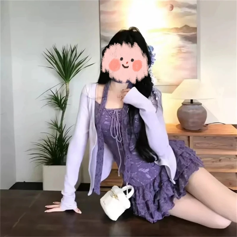 纯欲风甜美套装女春季修身显瘦假两件拼接蕾丝上衣+半身裙两件套