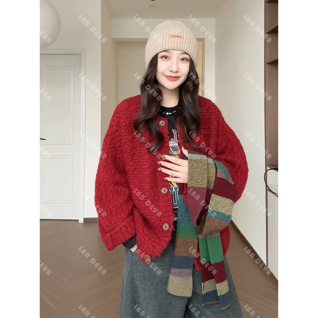 【圆莓甜卷】羊毛针织外套红色气质复古慵懒风毛衣开衫女