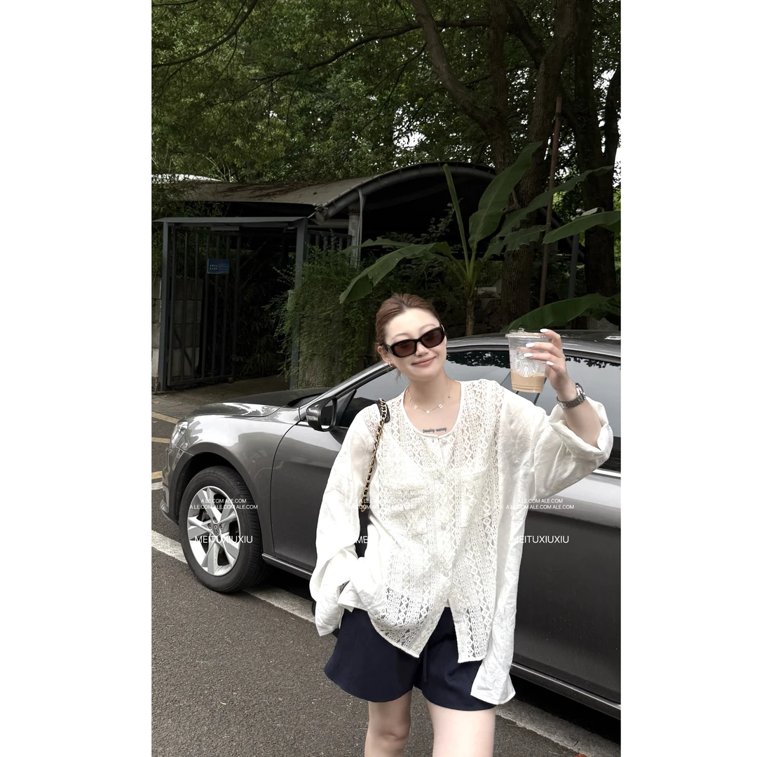 【阿乐家】大码微胖“南意小镇”蕾丝拼接下摆不规则圆领衬衫