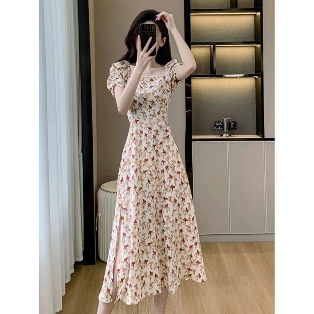 后妈裙法式复古碎花夏季女夏新款韩版泡泡袖开叉显瘦收腰过膝裙子
