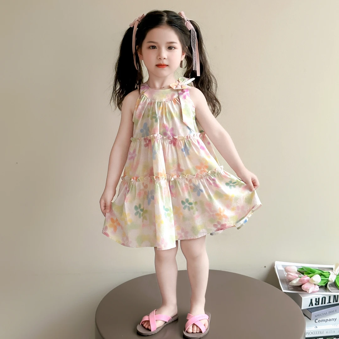 女童连衣裙2025夏装新款洋气宝宝无袖挂脖背心裙小女孩碎花公主裙