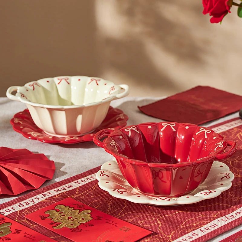 deardali花韵蝴蝶结高颜值餐具创意家用陶瓷碗碟盘子饭碗碟餐具