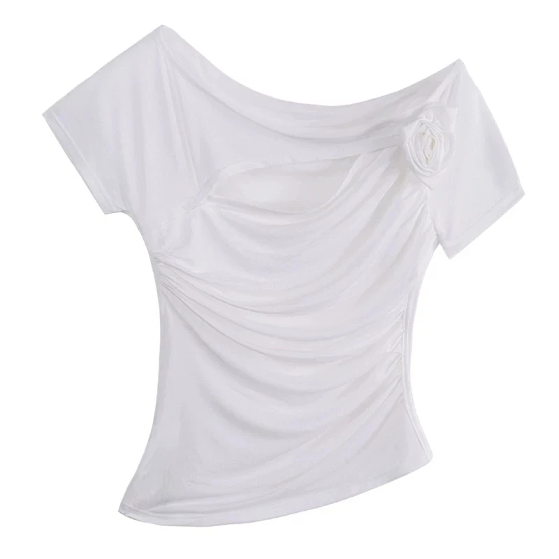 【H050】2025年夏季新品立体花朵不规则褶皱玫瑰收腰一字肩镂空T恤