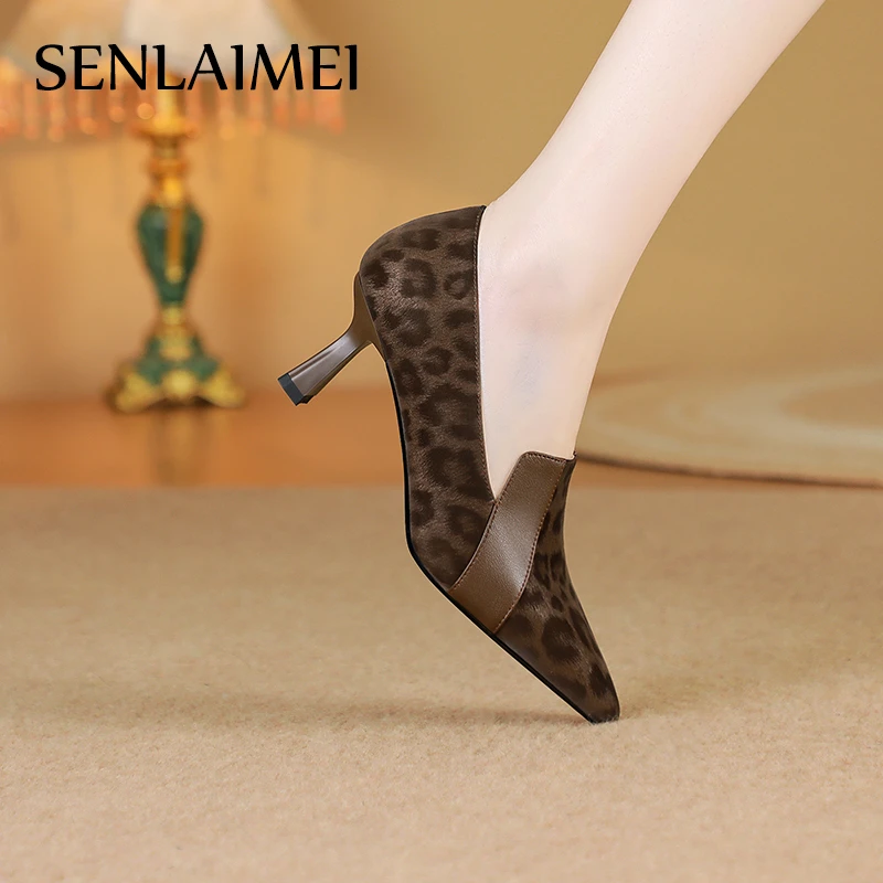 【肖】新春高跟鞋/牛皮/33-40/9010豹纹真皮2025细跟中口单鞋拼色