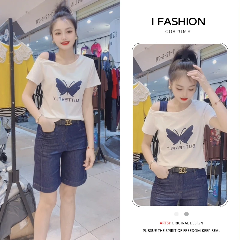设计感蝴蝶印花露肩短袖t恤女2025夏季新款宽松显瘦减龄气质上衣