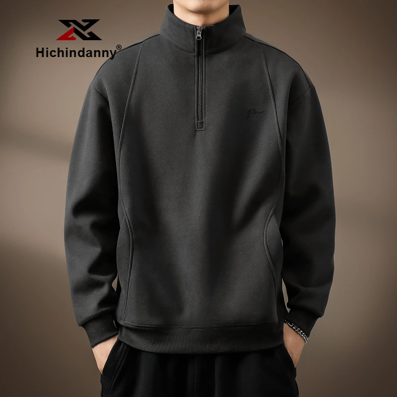 HICHIN半拉链立领卫衣男士秋冬季新款宽松大码软糯重磅复古Polo衫