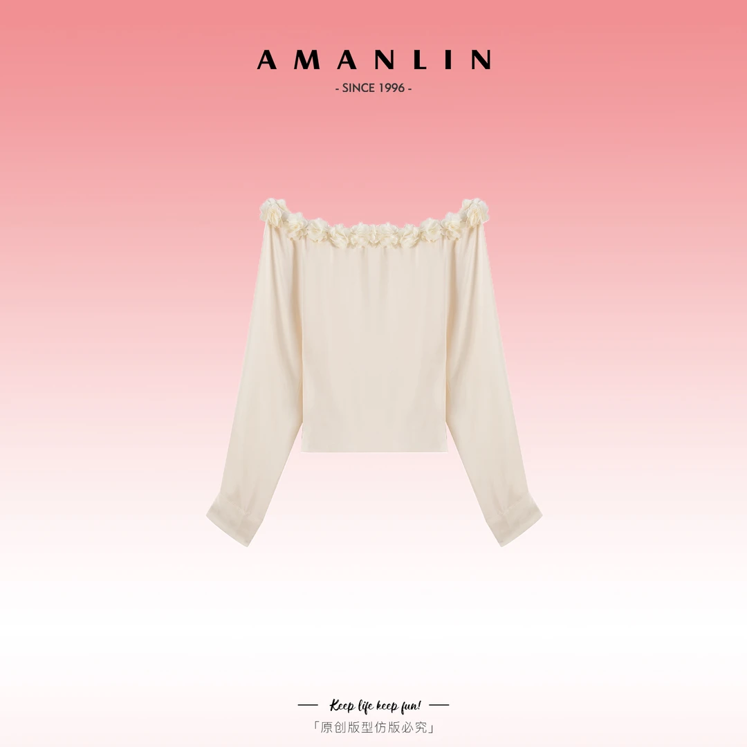 AMANLIN/阿谩琳一字肩花苞欧若风衬衫春季复古小众上衣女Y595882