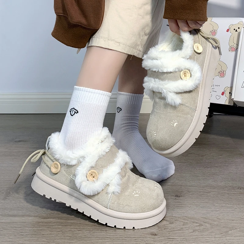 回力棉鞋女冬季2025新款厚底加绒丑萌魔术贴毛毛鞋学生保暖雪地靴