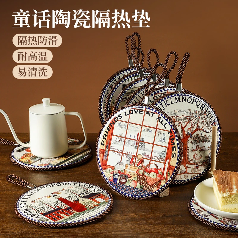 新款陶瓷隔热垫家用耐高温防烫软木防滑垫复古欧式杯垫餐垫餐桌垫