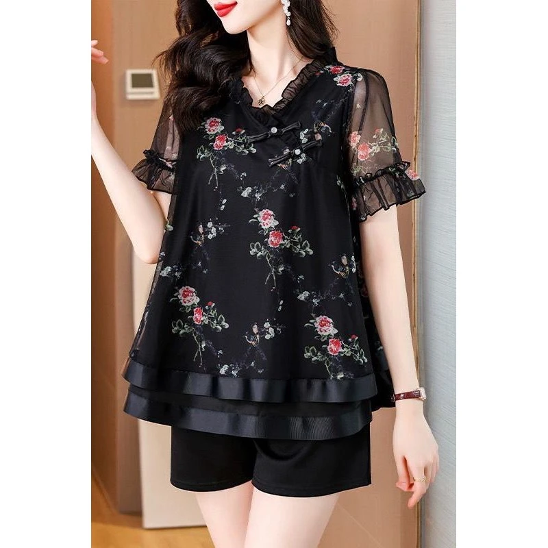 大码女装洋气套装夏新款胖mm复古印花盘扣小衫时尚减龄短裤两件套