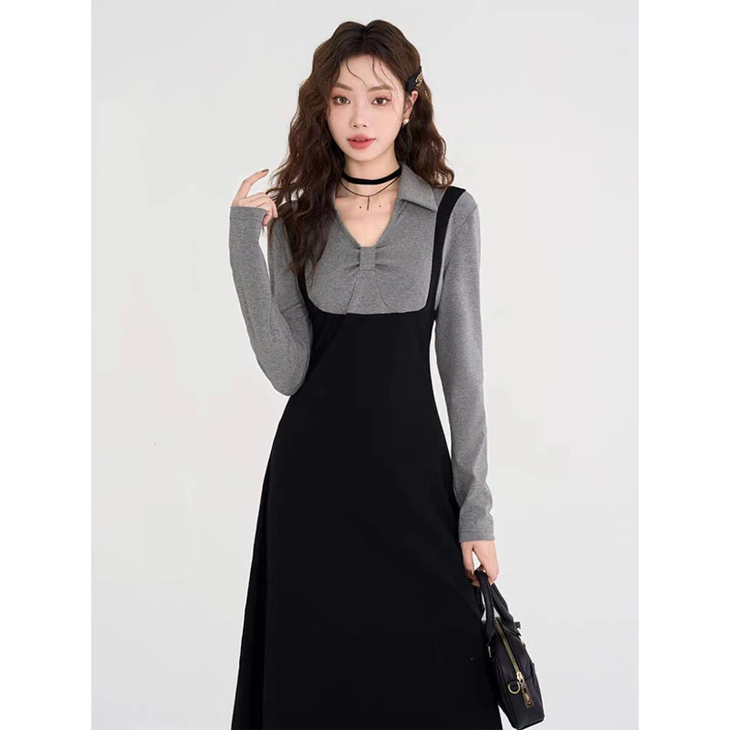 高级感垂感连衣裙女春冬时尚假两件小黑裙胖MM遮肚子显瘦裙子1688