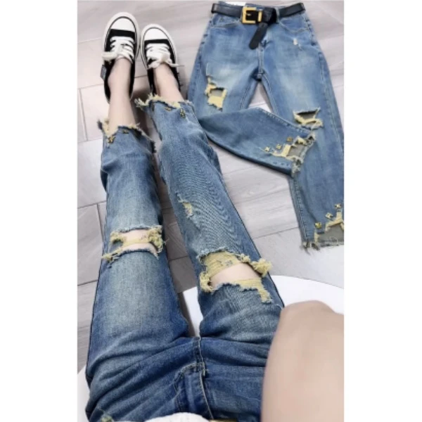 2025夏季薄款高腰八分牛仔裤子女大码破洞弹力直筒烟管裤