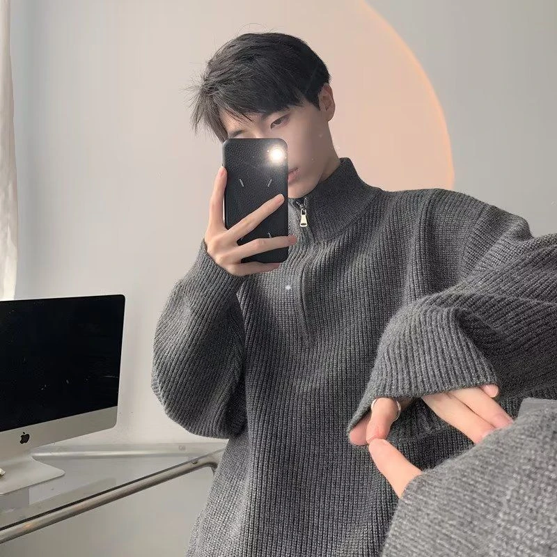 秋冬季爆款男士高领针织衣拉链开衫加厚韩版男装纯色高领毛衣男