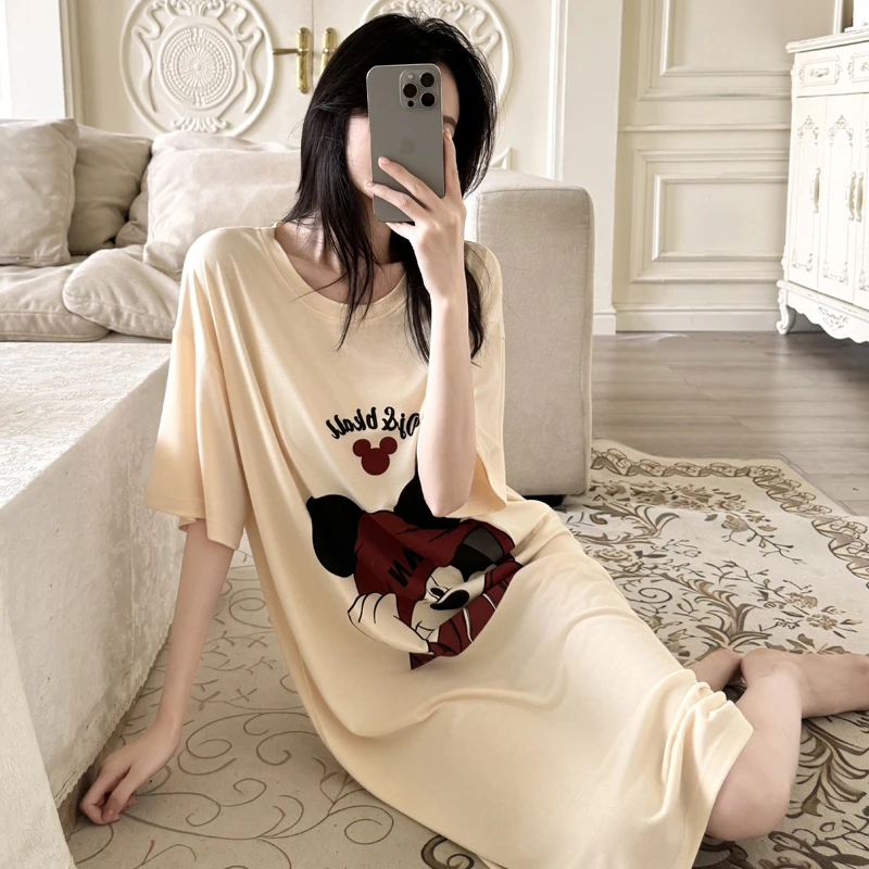 韩系甜美慵懒风睡裙女夏季ins风圆领套头短袖宽松薄款凉感家居服