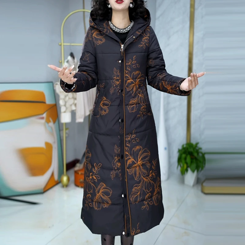 高档连帽加厚棉服女2025年冬季新款棉袄洋气保暖妈妈长款棉衣外套