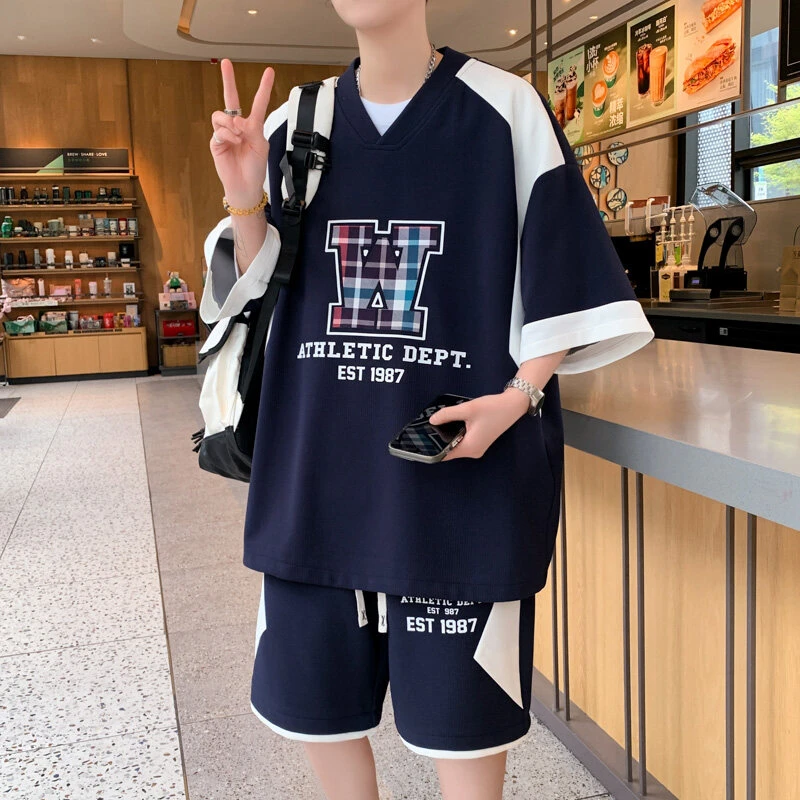 短袖短裤套装男夏季青少年休闲运动服T字母印花半袖t恤男一套搭配