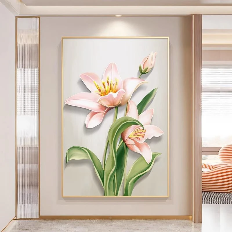 奶油风客厅装饰画百合花卉沙发背景墙挂画温馨落地画入户玄关壁画