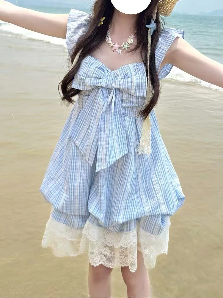 夏日海边度假风甜美小个子蝴蝶结蕾丝拼接连衣裙韩版小飞袖a字裙