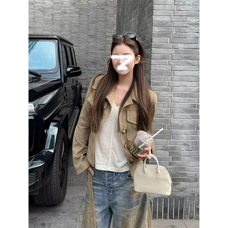 美式复古沙色口袋夹克短外套女2025秋季新款辣妹修身百搭工装上衣