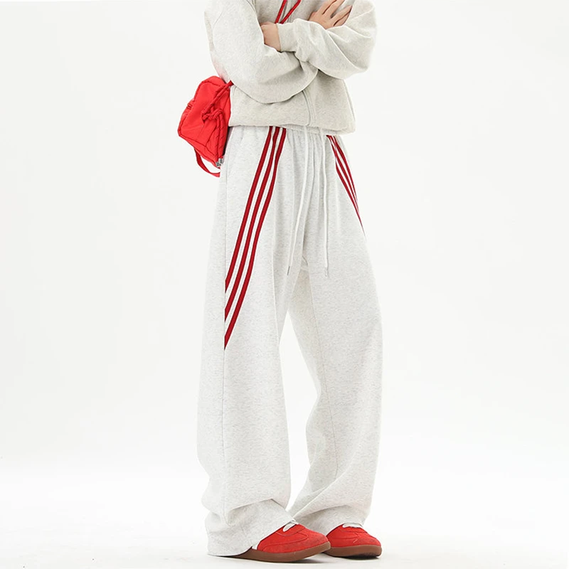 重磅撞色条纹休闲卫裤男女款秋季慵懒风潮流百搭宽松大码直筒裤子