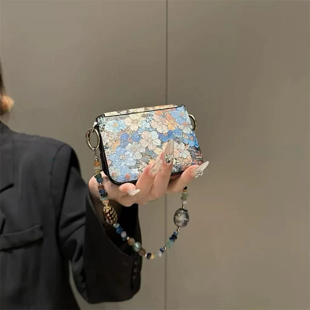 复古烫金花朵墨染琥珀石链适用华为purax手机壳mixflip2新zflip7