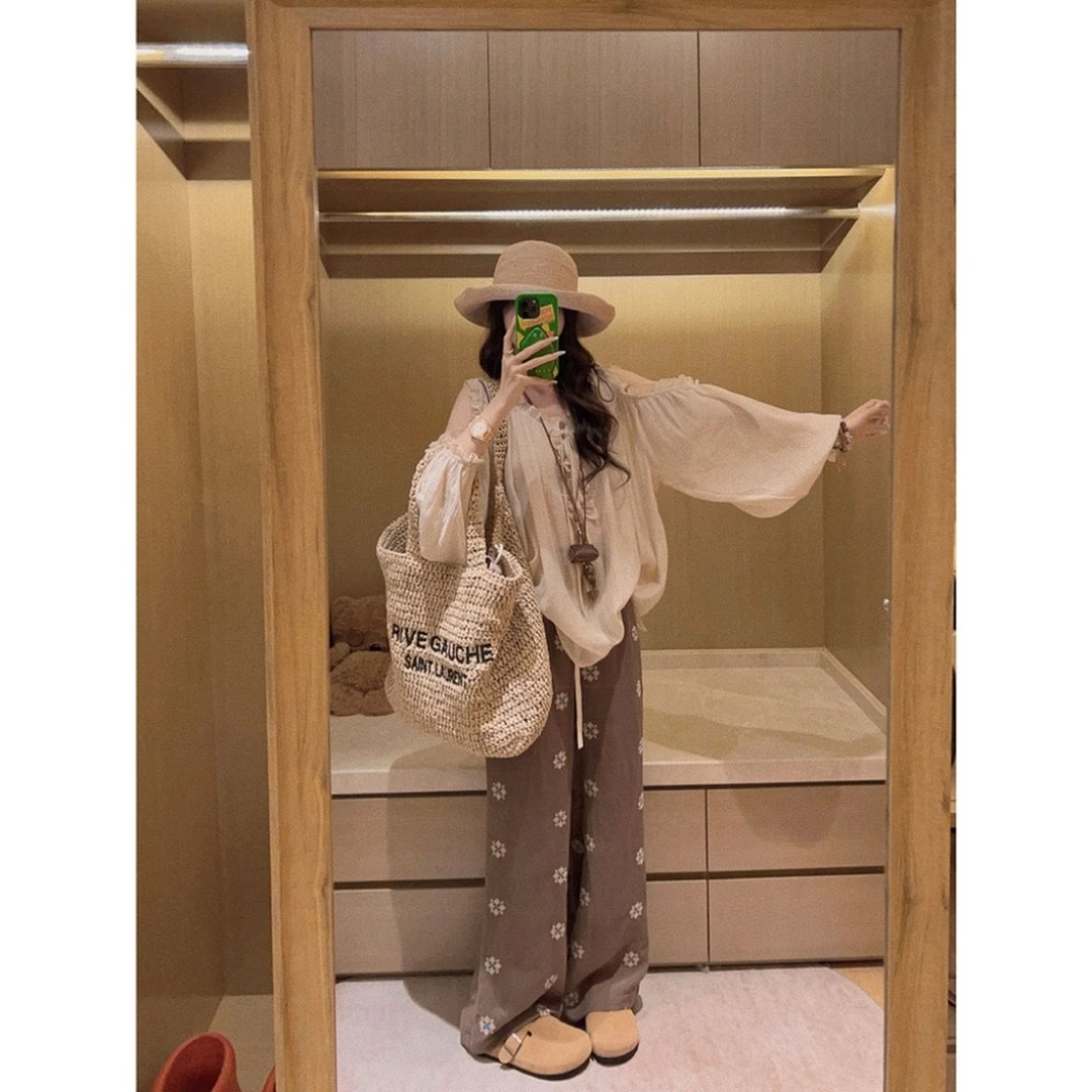 约会私服！法式小众重工木耳边露肩上衣韩系温柔休闲百搭衬衫女