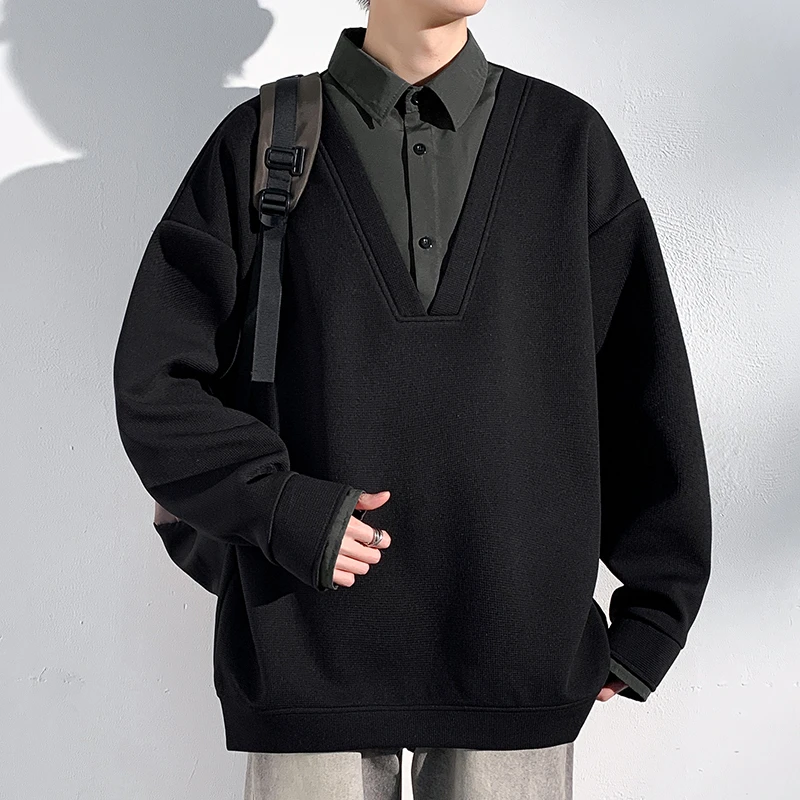 春秋青少年宽松条纹男卫衣上衣秋冬春秋季长袖翻领痞帅慵懒风男装