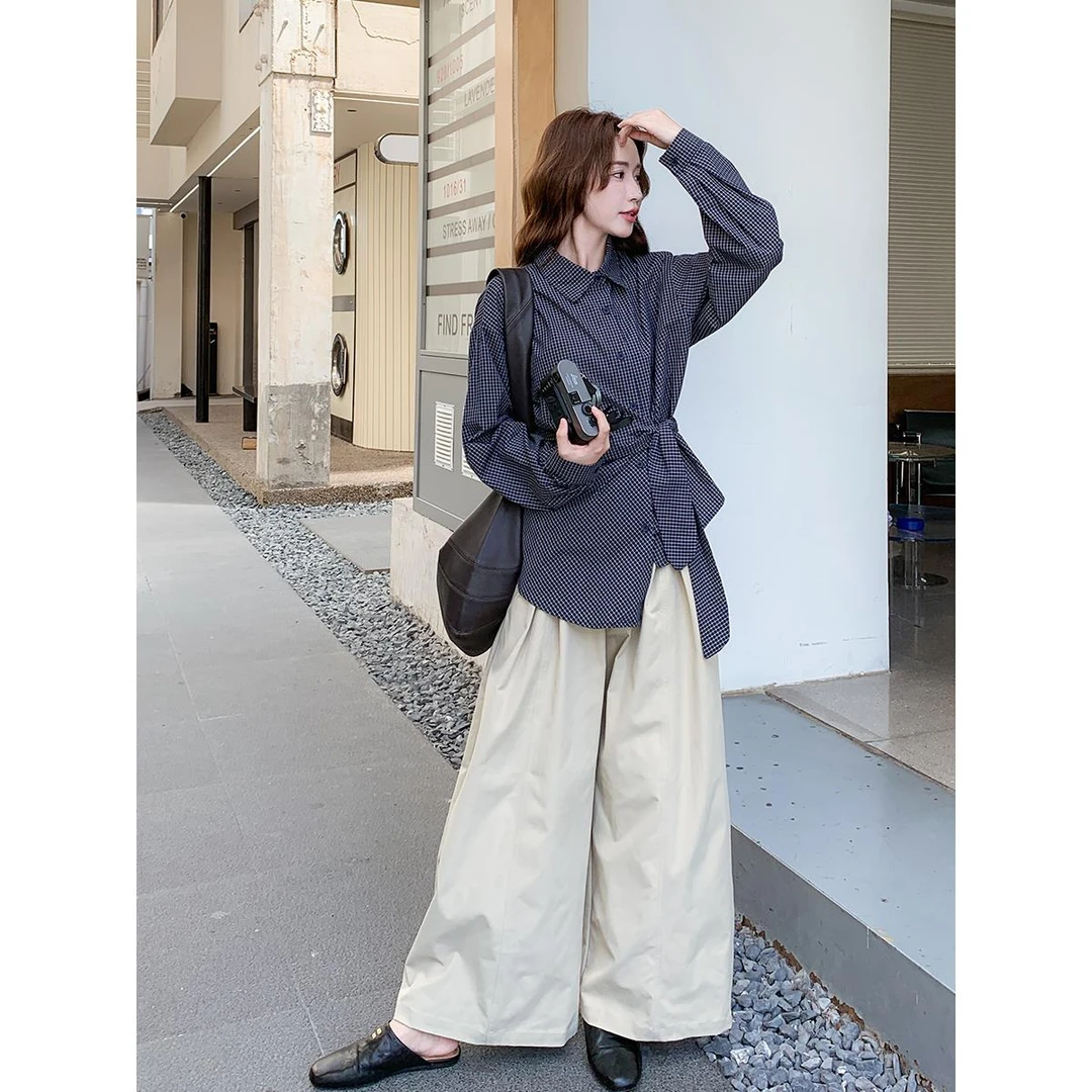 休闲气质格子衬衫阔腿裤套装女2025秋季新款ootd穿搭巨好看两件套