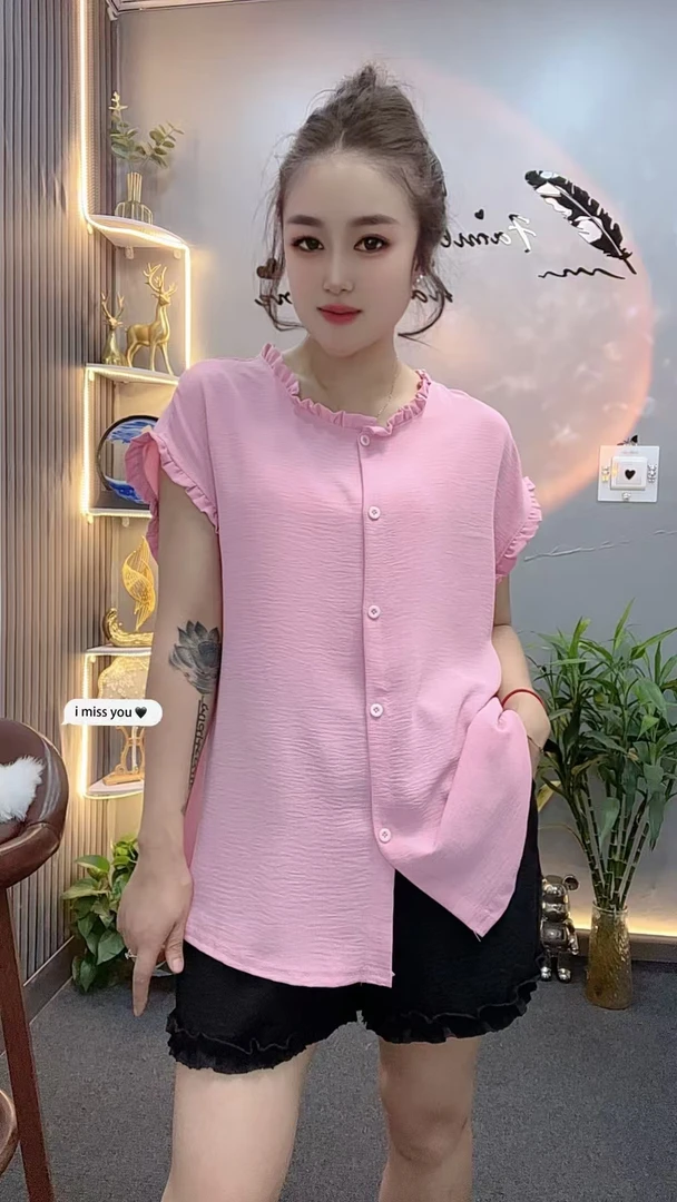 新款木耳花边短袖气质时尚百搭女士夏季纯色圆领显瘦洋气潮流