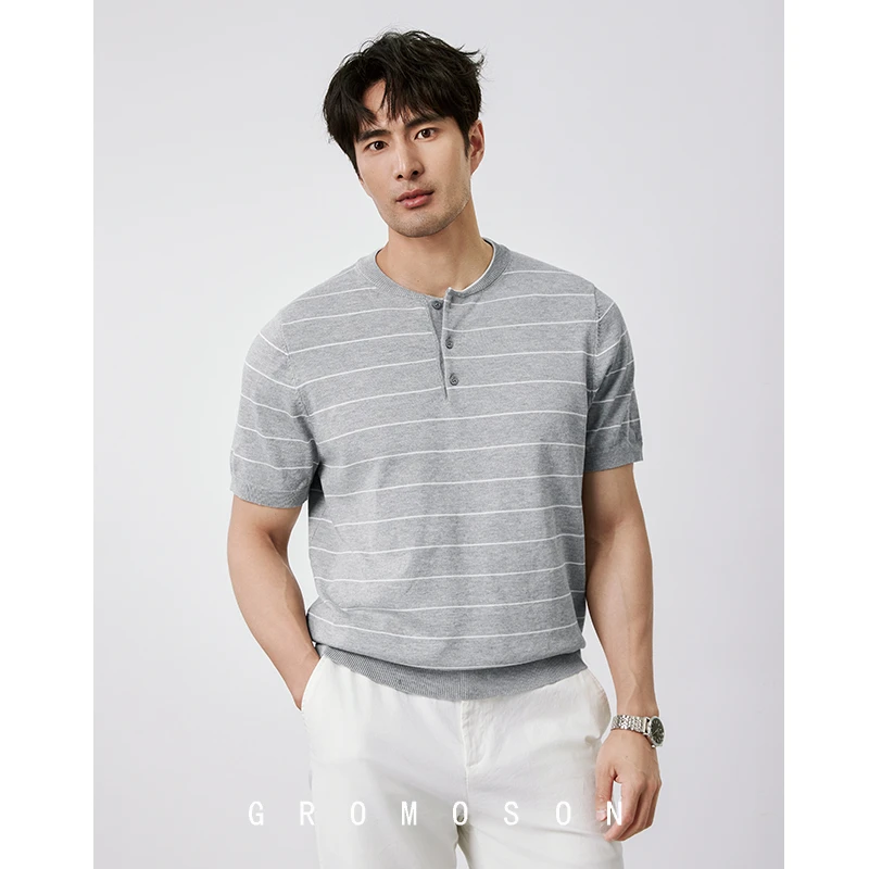 夏季轻薄透气 意式亨利领针织短袖男士商务休闲时尚圆领条纹T恤衫