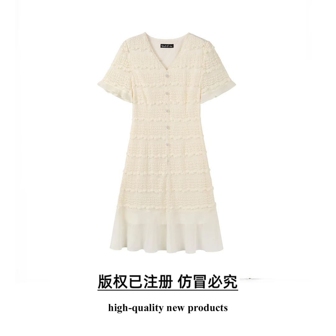 奢姿大码女装2025夏季时尚法式拼接裙子胖妹妹气质V领蕾丝连衣裙