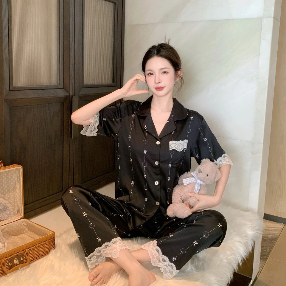 夏季高级感冰丝睡衣女短袖长裤女士蕾丝家居服套装网红爆款甜美风