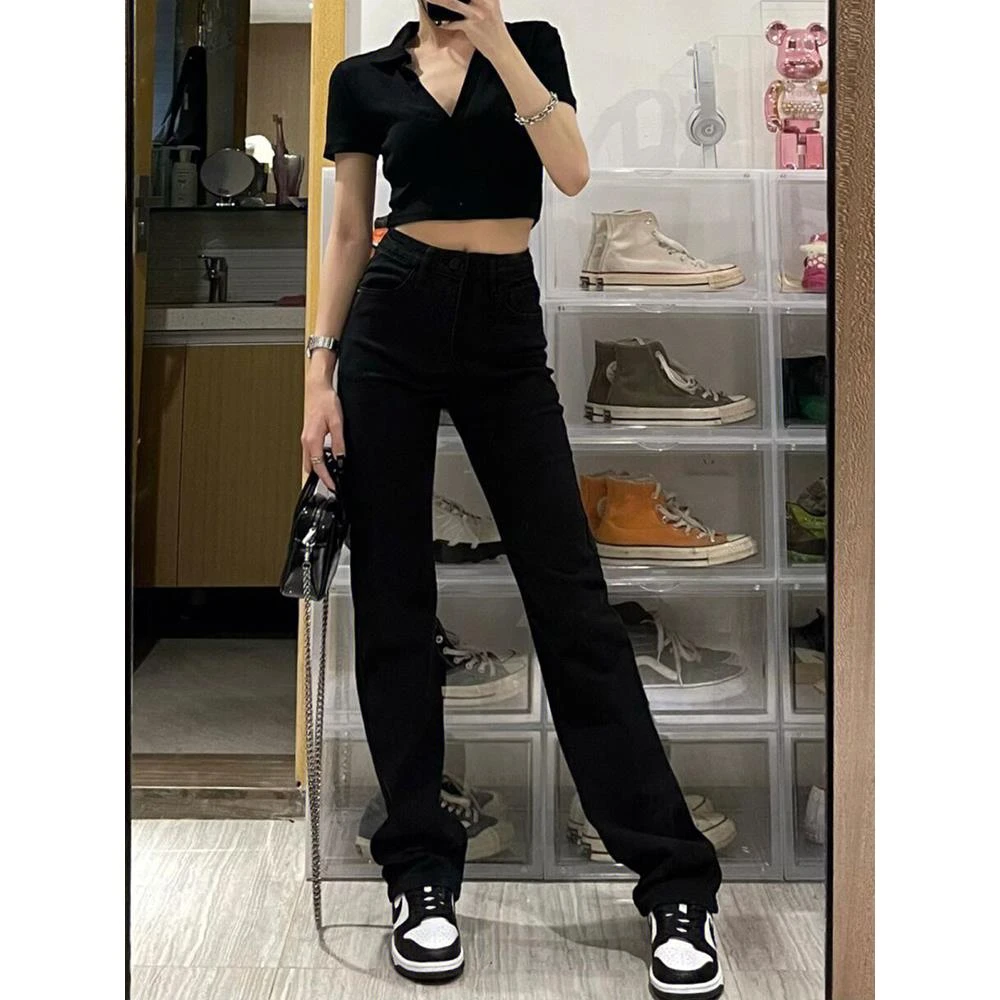 DUELIST黑色高腰直筒牛仔裤春秋季新款修身窄版阔腿裤复古时尚潮