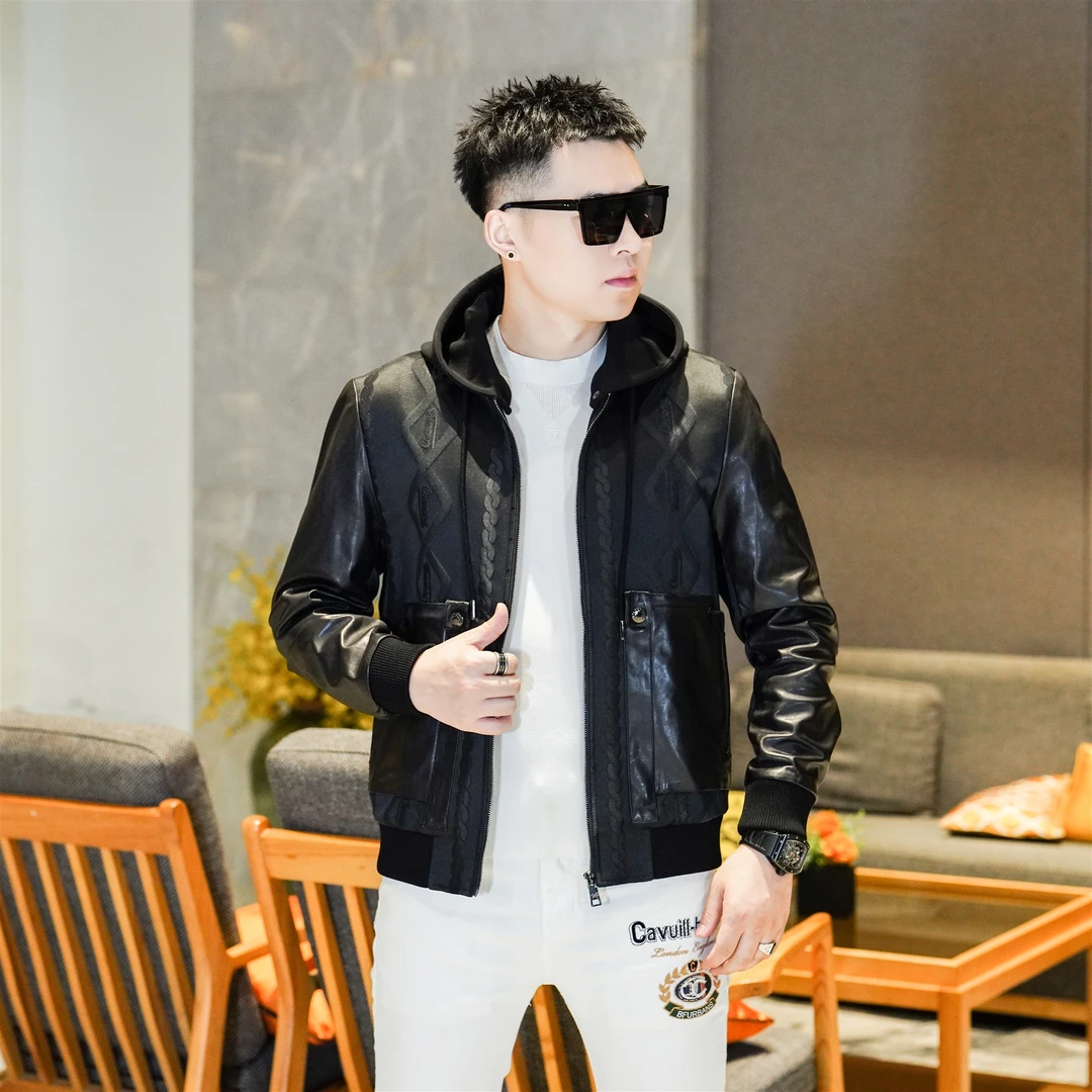 2025秋冬新品男装痞帅高端拼接连帽休闲黑色夹克外套潮男GL88019
