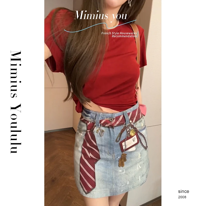 【mimius】喵喵 领带工牌3D印花设计感牛仔裙裤 WG07038