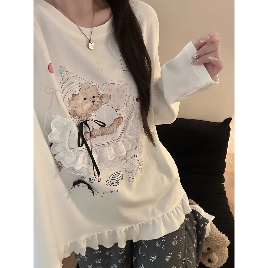 韩系慵懒风小熊印花长袖睡衣女春秋2025新款长裤家居服套装可外穿