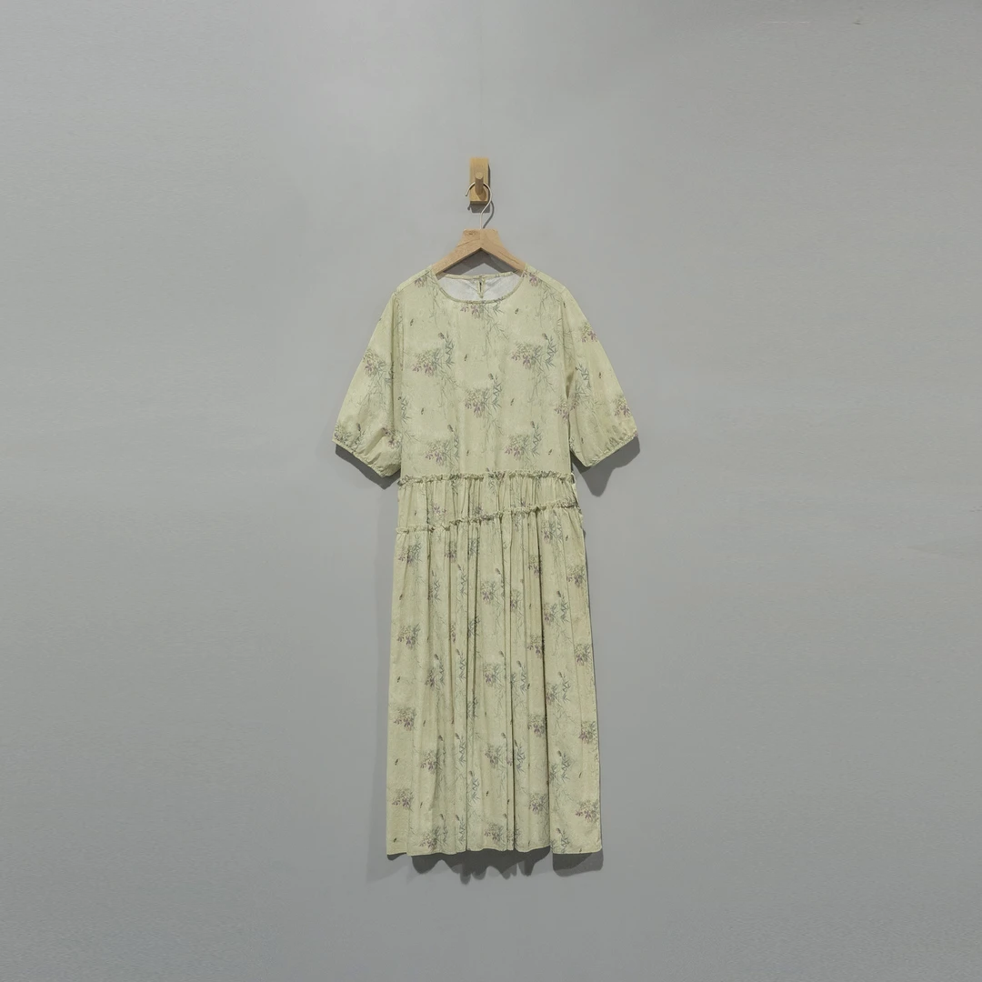 【且听风吟】0310482文艺棉印花木耳边腰带连衣裙  衣长116胸围112