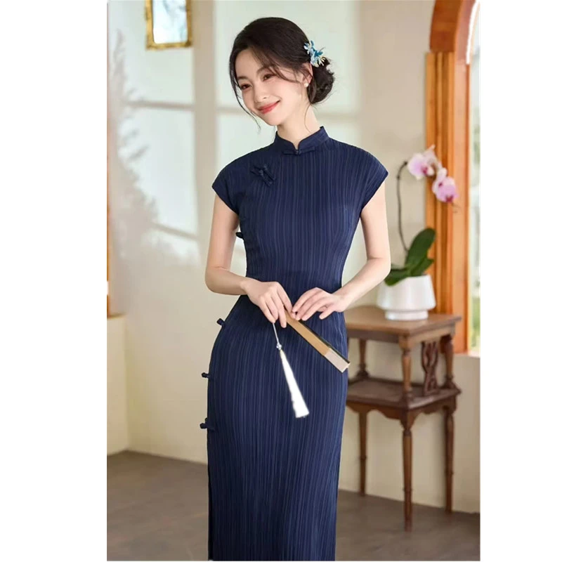 新款国风旗袍长款夏季薄款侧八扣修身日常纯色短袖复古气质旗袍裙