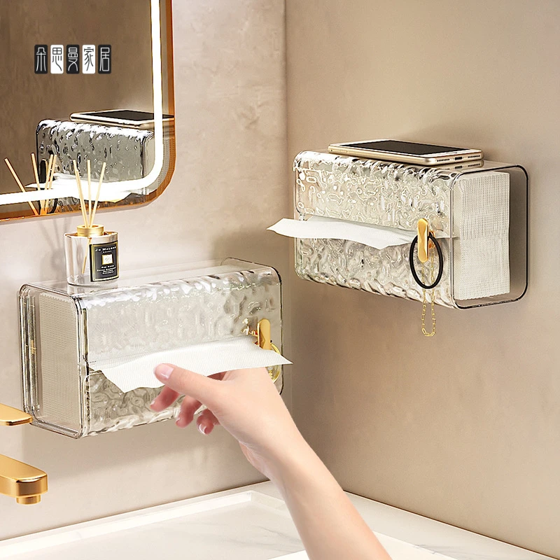 朵思曼轻奢风洗脸巾收纳盒壁挂式防水免打孔厕所抽纸盒家用卫生间