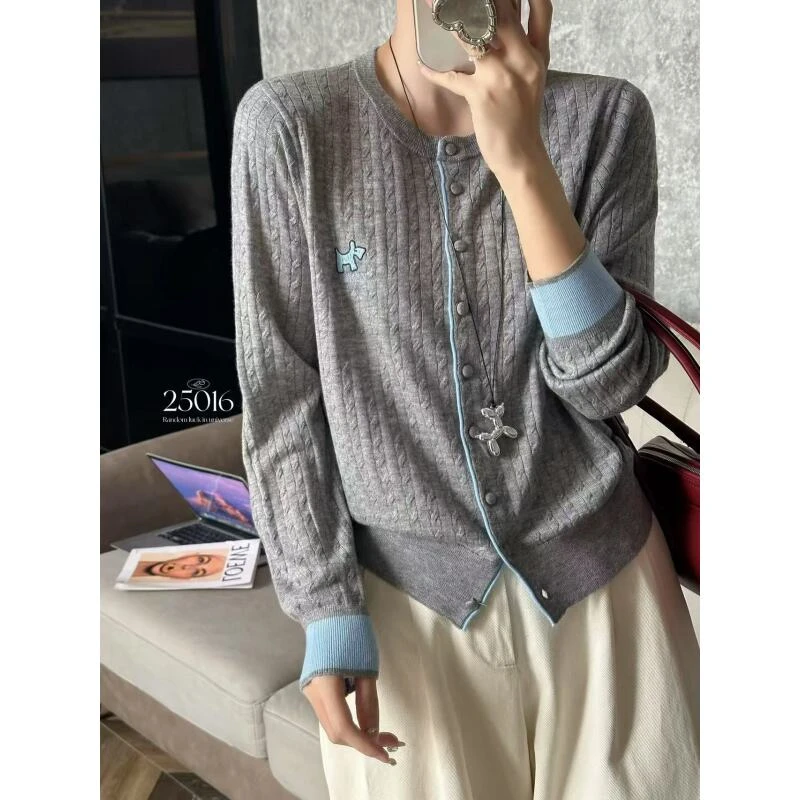 （灰蓝麻花）春新款欧货宽松拼色螺纹提花高级感别致针织开衫252