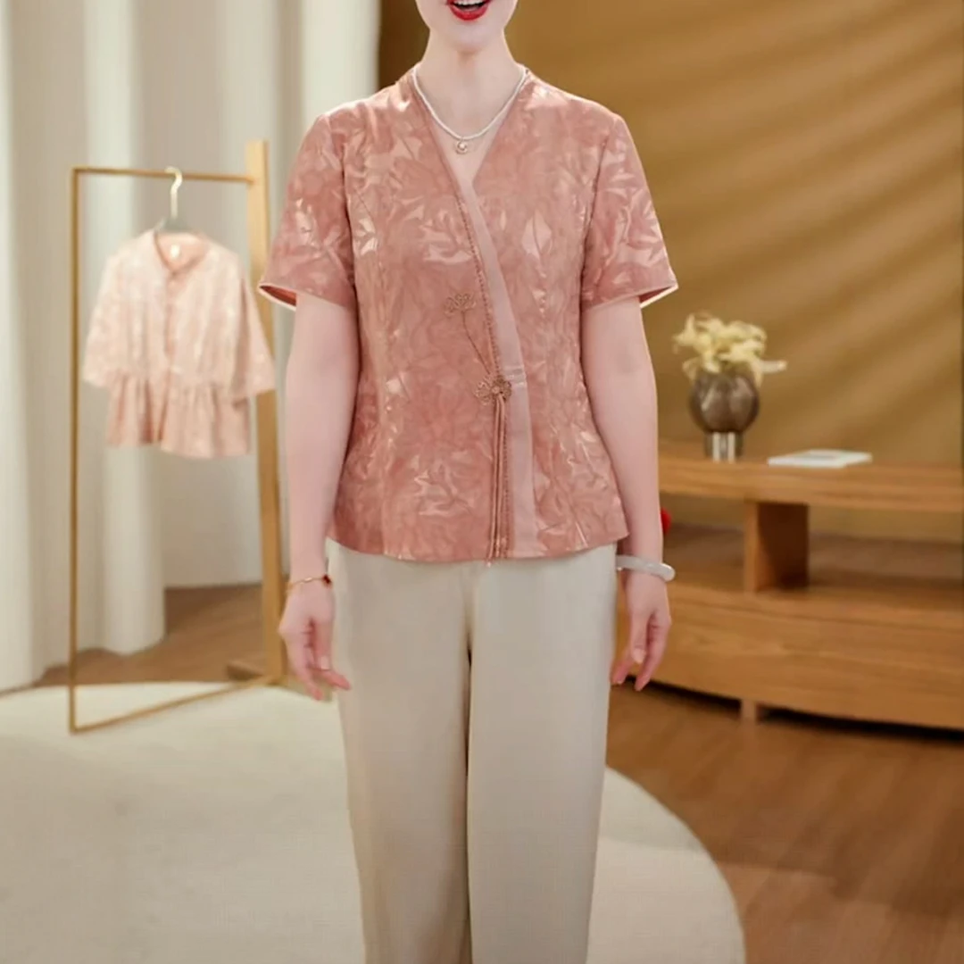 中年妈妈装新中式提花小衫夏季新款H气质减龄休闲宽松显瘦女