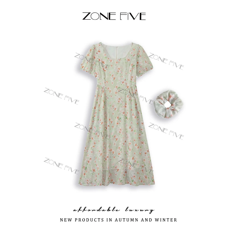 【zonefive】春季法式方领丛林风显瘦长裙时尚气质连衣裙A256192