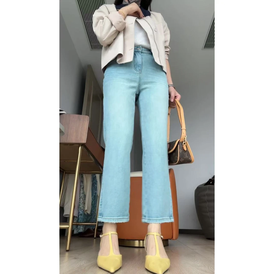 合苞高腰法棍裤女百搭弹力小个子九分小直筒裤牛仔裤显瘦烟管裤女