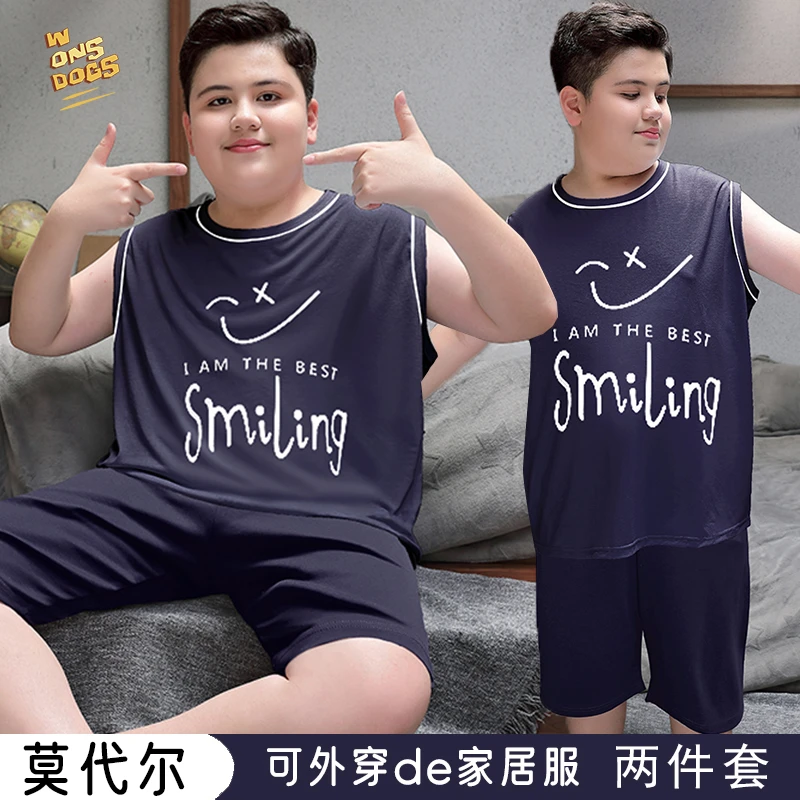 胖童睡衣套装夏季背心莫代尔男童中大童加肥加大胖男孩宽松家居服