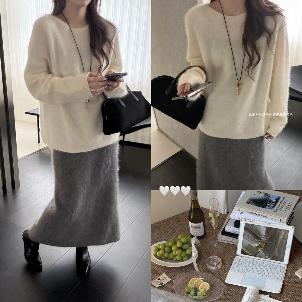 一字领秋冬新款拉绒工艺羊毛宽松慵懒风圆领针织毛衣女
